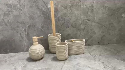[4pcs Wooden Bathroom Set] Four-piece Wooden Bathroom Set | Wood Grain Water Transfer Print Nozzle Beige Sandstone Lotion Bottle Mouth Cup Toothbrush Holder Toilet Brush with Wooden Handle