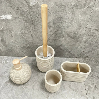 [4pcs Wooden Bathroom Set] Four-piece Wooden Bathroom Set | Wood Grain Water Transfer Print Nozzle Beige Sandstone Lotion Bottle Mouth Cup Toothbrush Holder Toilet Brush with Wooden Handle