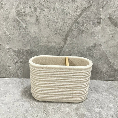 [4pcs Wooden Bathroom Set] Four-piece Wooden Bathroom Set | Wood Grain Water Transfer Print Nozzle Beige Sandstone Lotion Bottle Mouth Cup Toothbrush Holder Toilet Brush with Wooden Handle