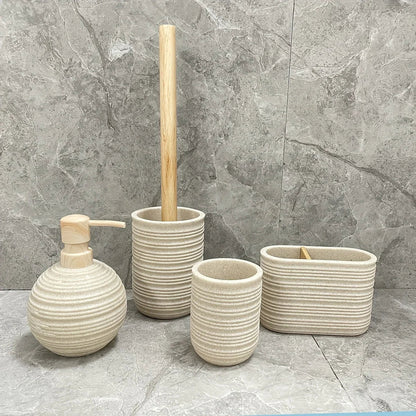 [4pcs Wooden Bathroom Set] Four-piece Wooden Bathroom Set | Wood Grain Water Transfer Print Nozzle Beige Sandstone Lotion Bottle Mouth Cup Toothbrush Holder Toilet Brush with Wooden Handle