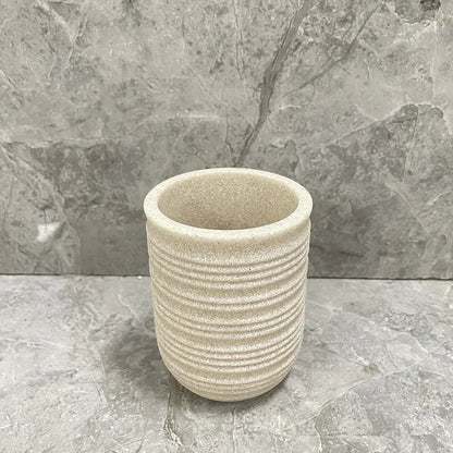 [4pcs Wooden Bathroom Set] Four-piece Wooden Bathroom Set | Wood Grain Water Transfer Print Nozzle Beige Sandstone Lotion Bottle Mouth Cup Toothbrush Holder Toilet Brush with Wooden Handle