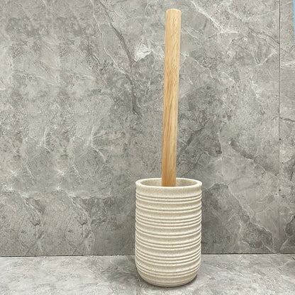 [4pcs Wooden Bathroom Set] Four-piece Wooden Bathroom Set | Wood Grain Water Transfer Print Nozzle Beige Sandstone Lotion Bottle Mouth Cup Toothbrush Holder Toilet Brush with Wooden Handle