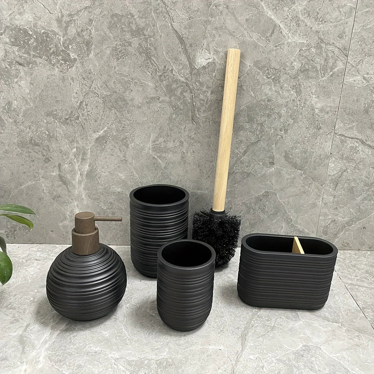 [4pcs Wooden Bathroom Set] Four-piece Wooden Bathroom Set | Wood Grain Water Transfer Print Nozzle Beige Sandstone Lotion Bottle Mouth Cup Toothbrush Holder Toilet Brush with Wooden Handle