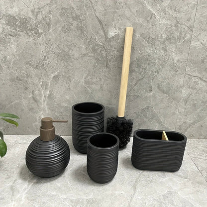 [4pcs Wooden Bathroom Set] Four-piece Wooden Bathroom Set | Wood Grain Water Transfer Print Nozzle Beige Sandstone Lotion Bottle Mouth Cup Toothbrush Holder Toilet Brush with Wooden Handle