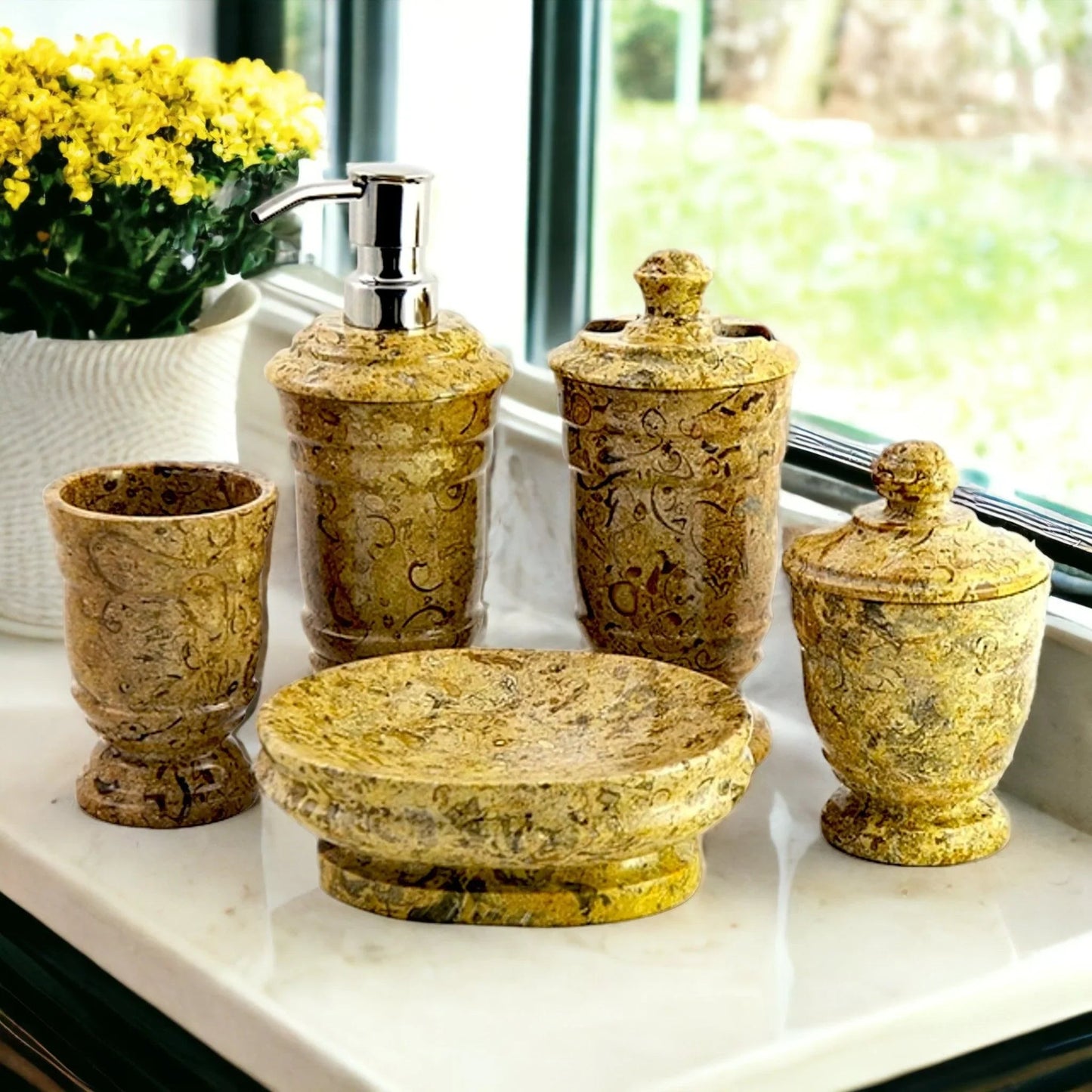 5-Piece Bathroom Accessories Set in Fossil Stone - PoshaBella