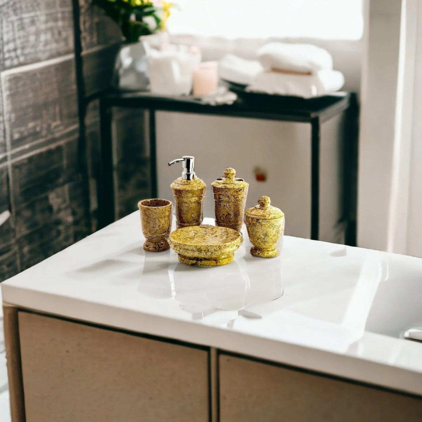 5-Piece Bathroom Accessories Set in Fossil Stone - PoshaBella