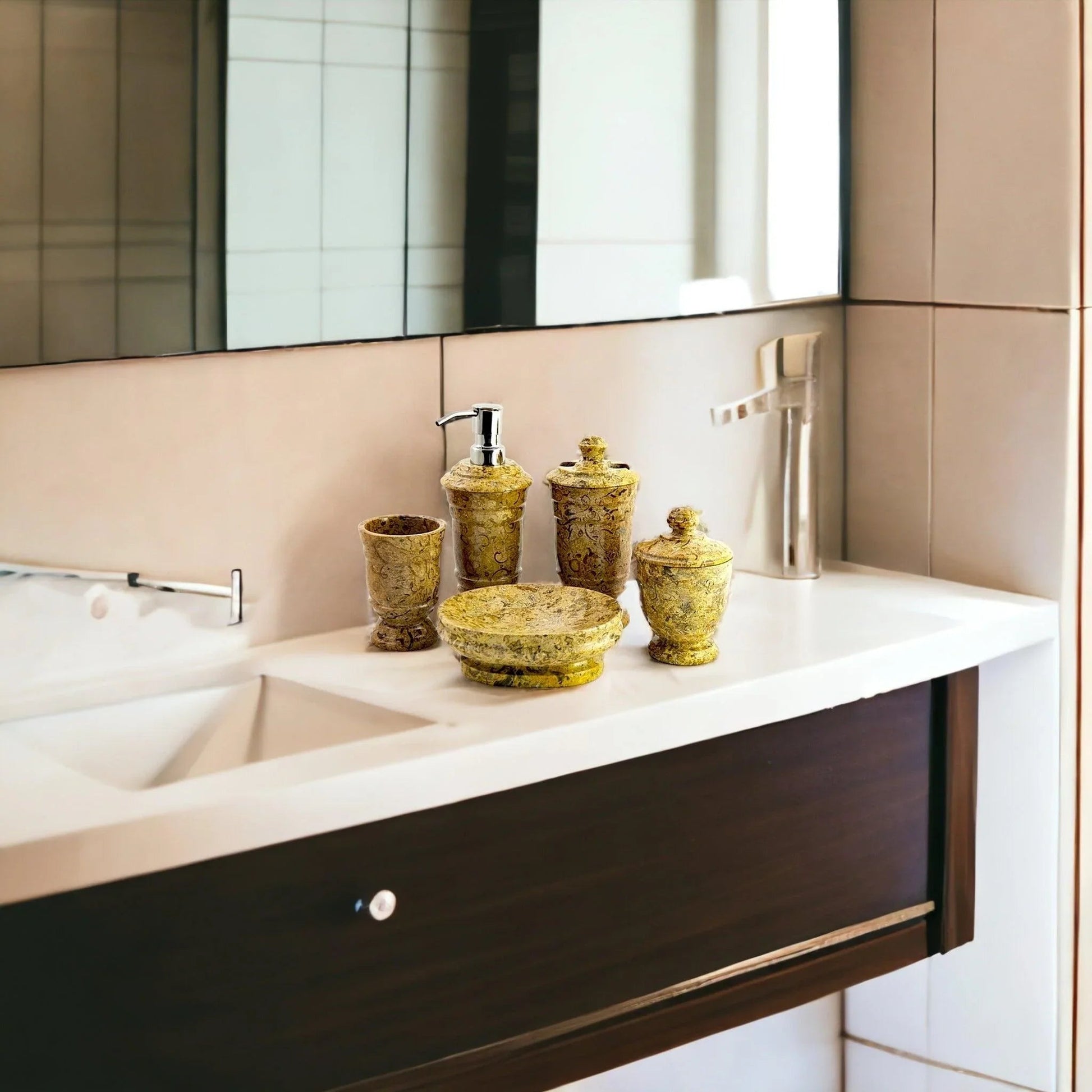 5-Piece Bathroom Accessories Set in Fossil Stone - PoshaBella