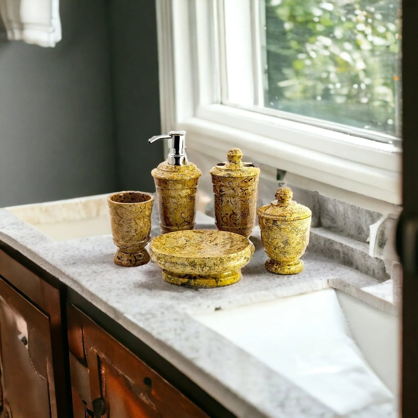 5-Piece Bathroom Accessories Set in Fossil Stone - PoshaBella