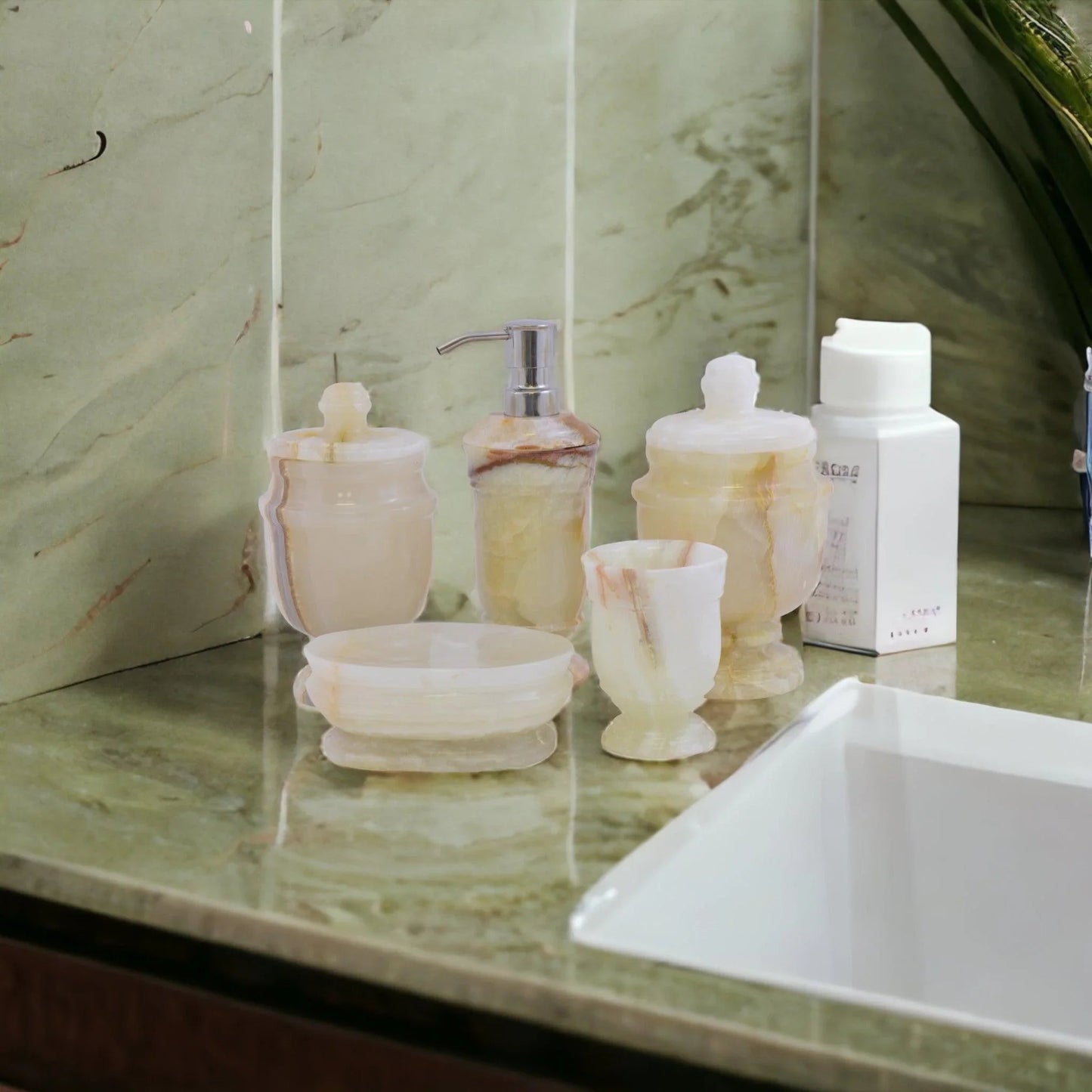5-Piece bathroom Accessories Set of White Onyx - PoshaBella