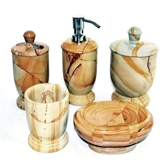 5 Piece Bathroom Accessory Set Crafted in Teak Marble - PoshaBella