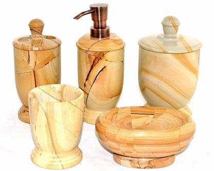 5 Piece Bathroom Accessory Set Crafted in Teak Marble - PoshaBella
