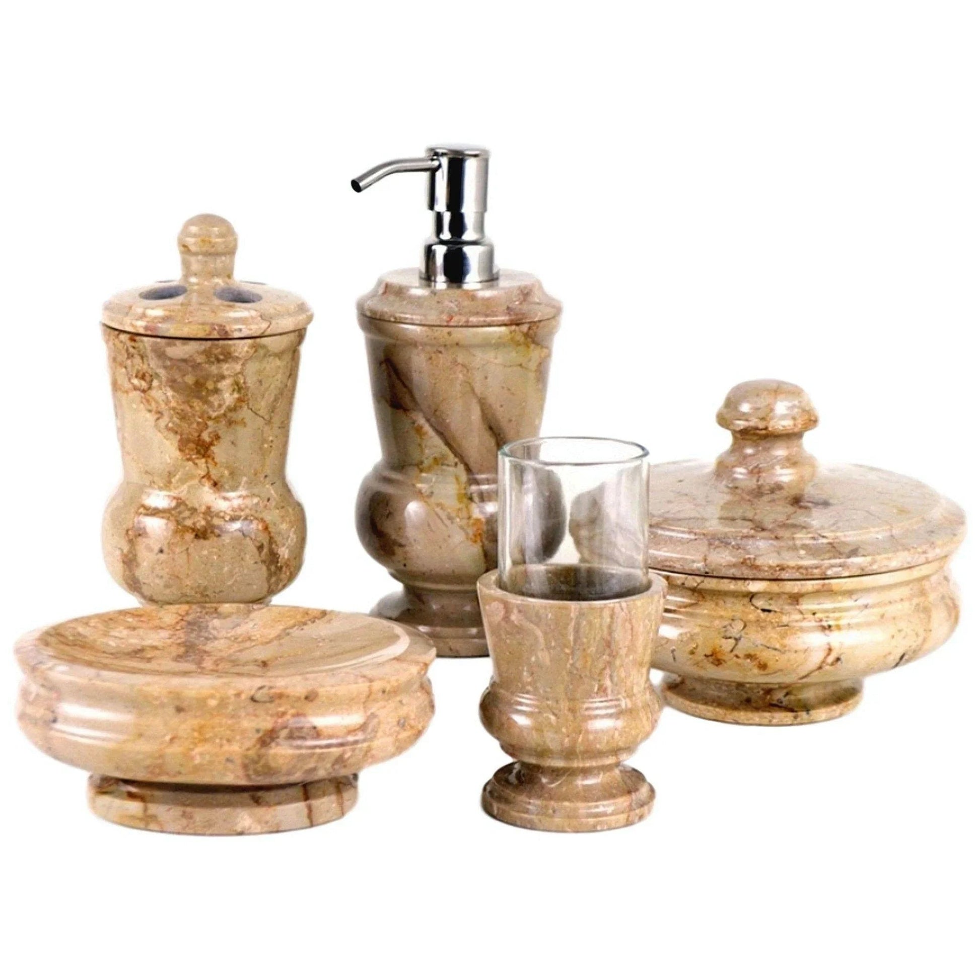 5 Piece Bathroom Accessory Set of Sahara Beige Marble - PoshaBella