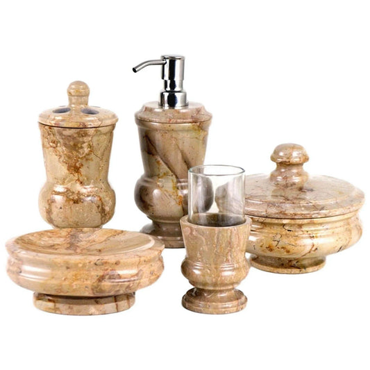 5 Piece Bathroom Accessory Set of Sahara Beige Marble - PoshaBella