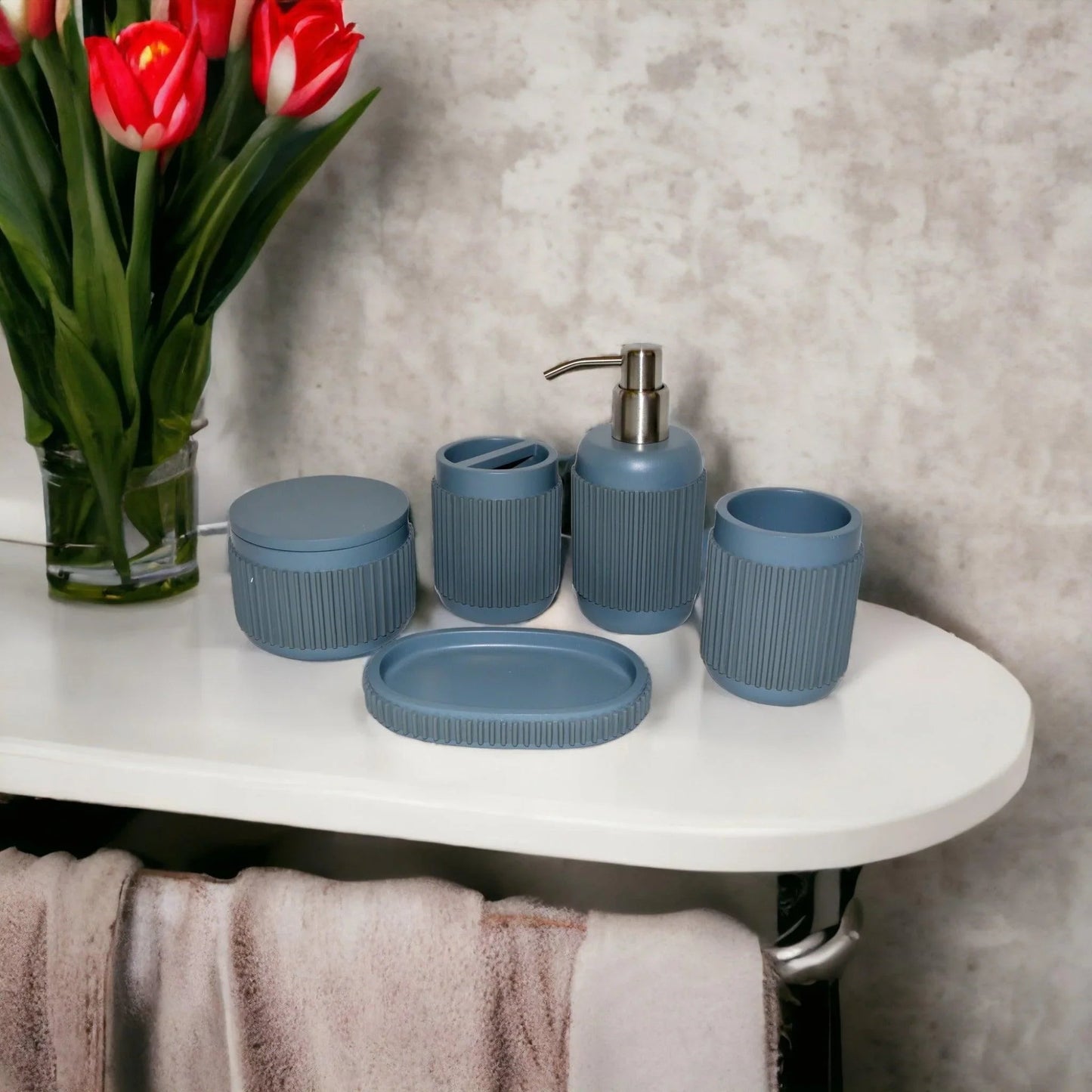 5 Piece Bathroom Set-Gray Ribbed Design - PoshaBella