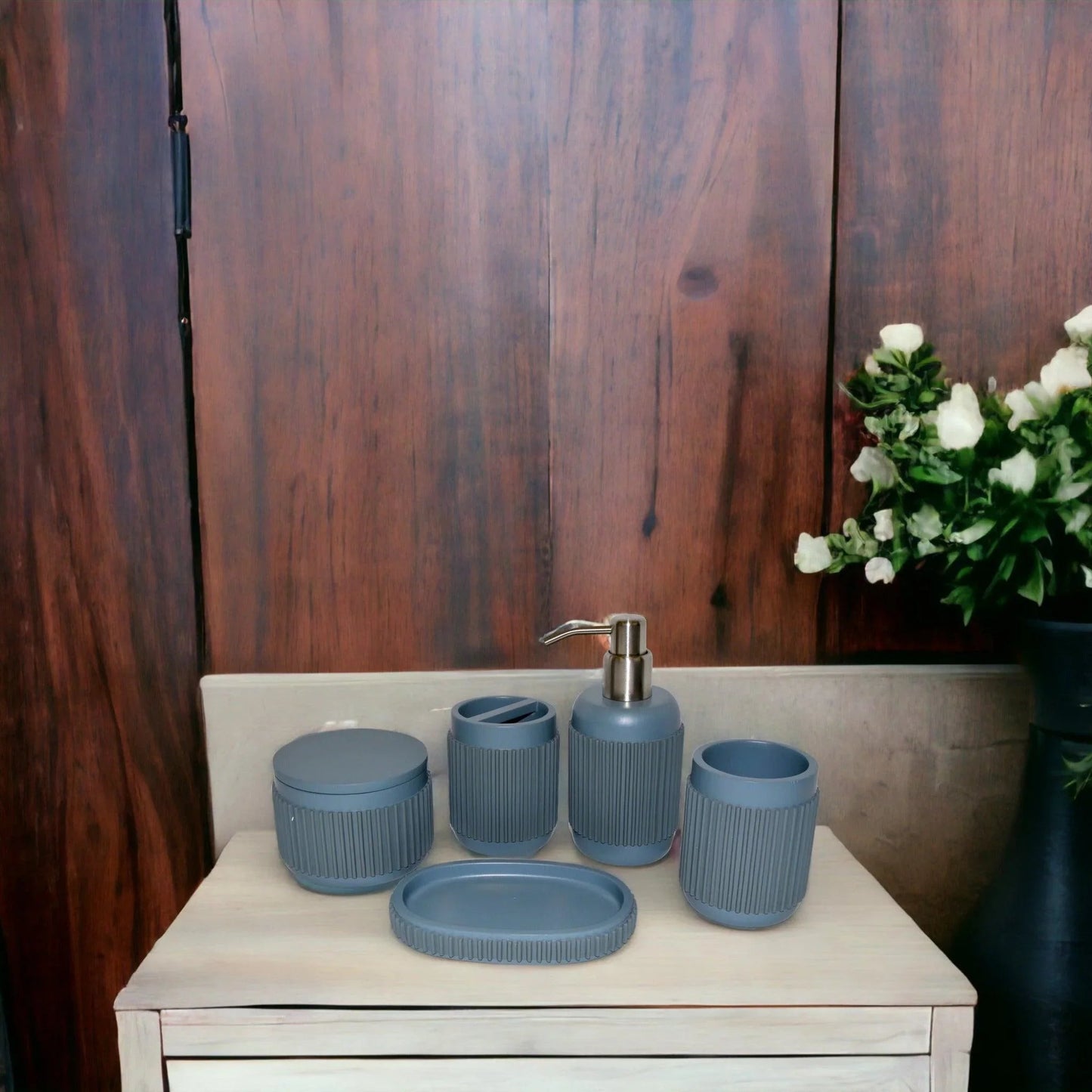 5 Piece Bathroom Set-Gray Ribbed Design - PoshaBella