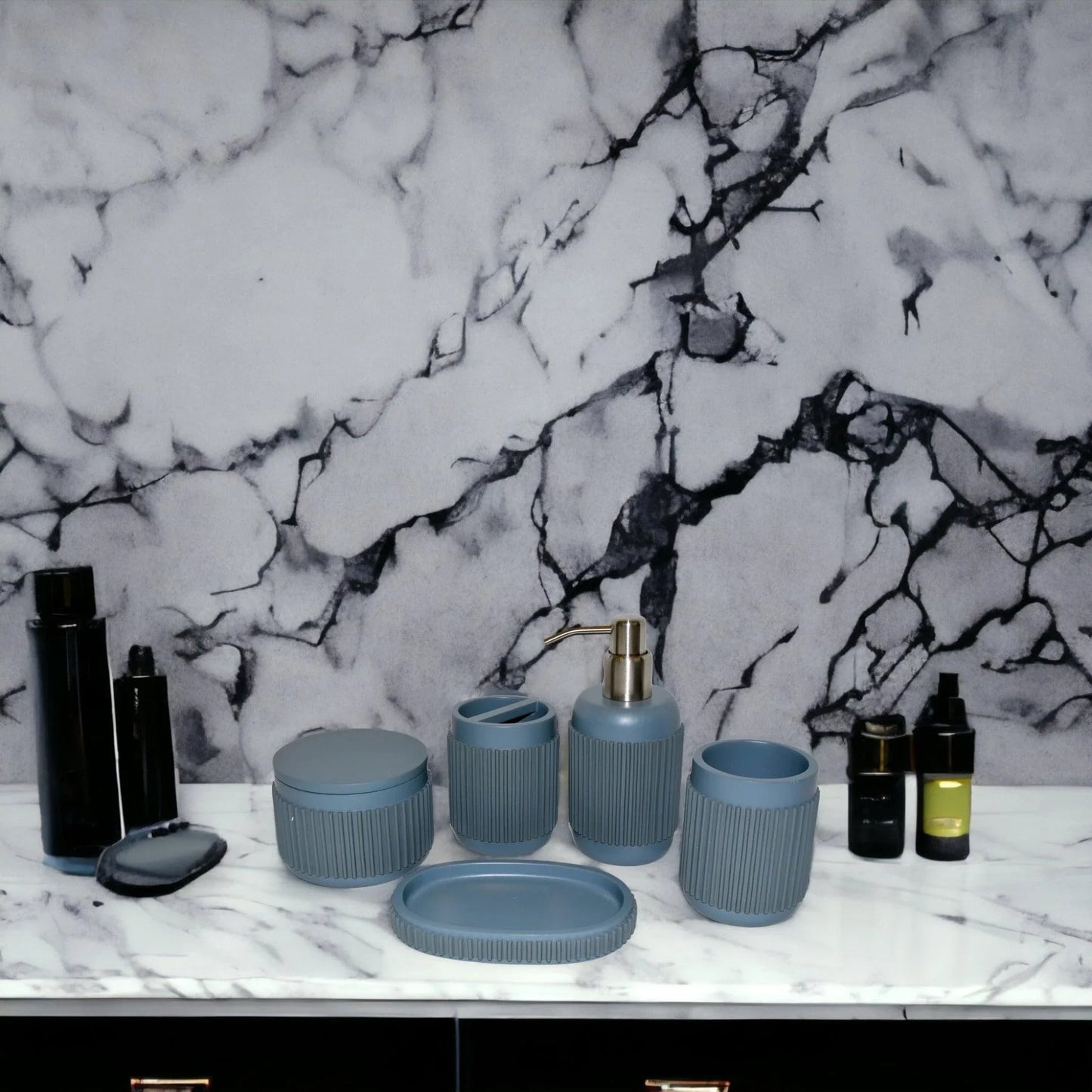 5 Piece Bathroom Set-Gray Ribbed Design - PoshaBella