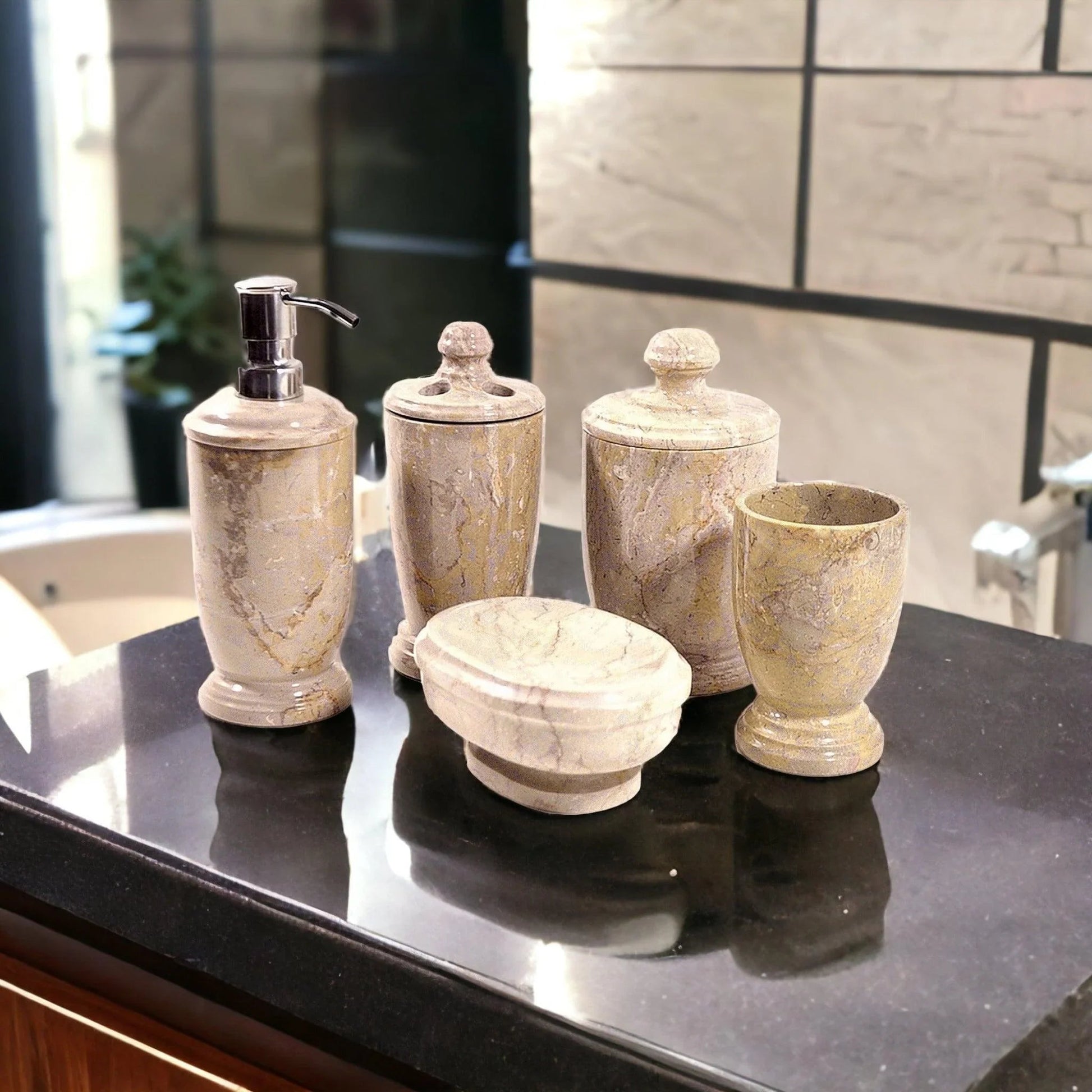 5 Piece Bathroom Set of Sahara Beige Marble - Atlantic Collection - PoshaBella