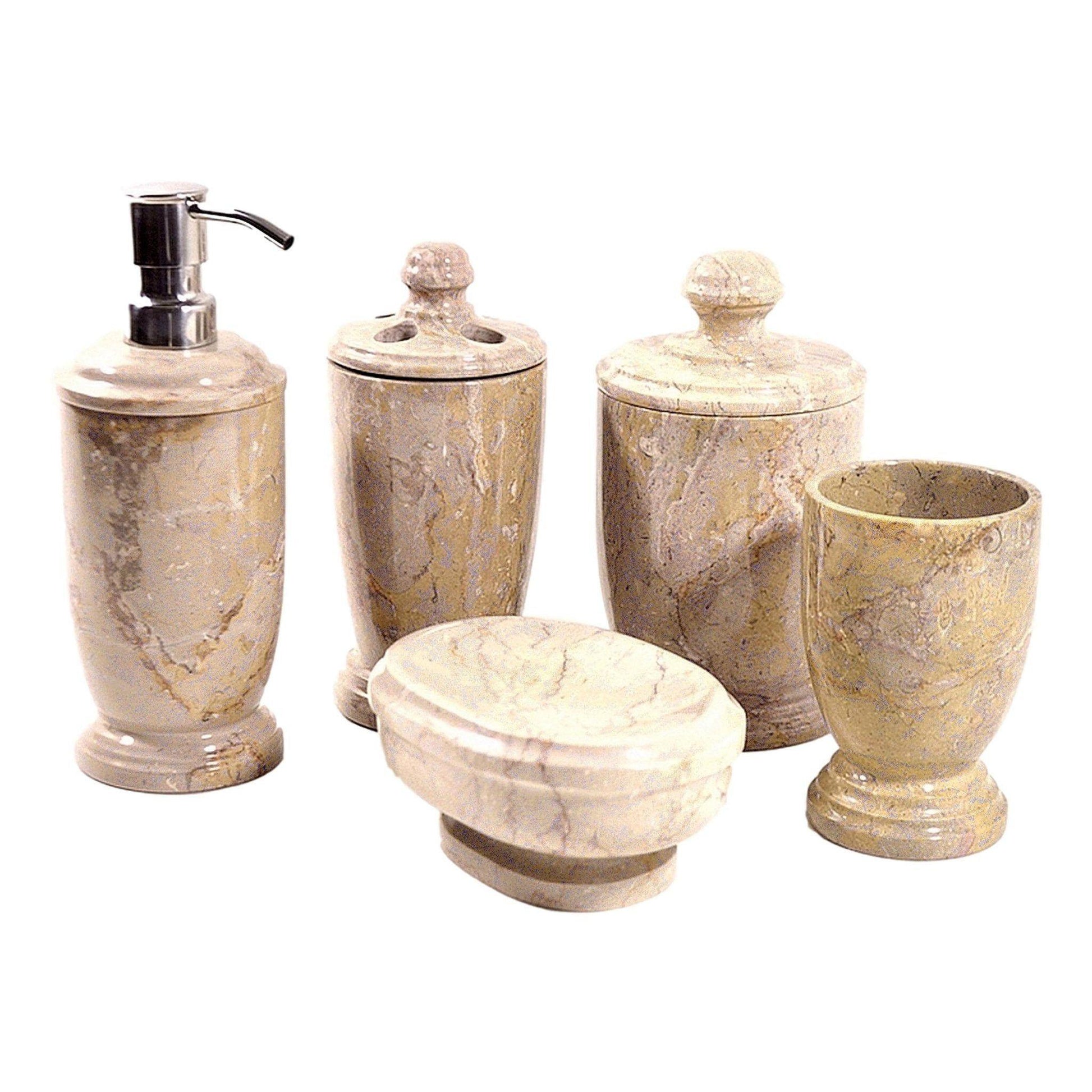 5 Piece Bathroom Set of Sahara Beige Marble - Atlantic Collection - PoshaBella