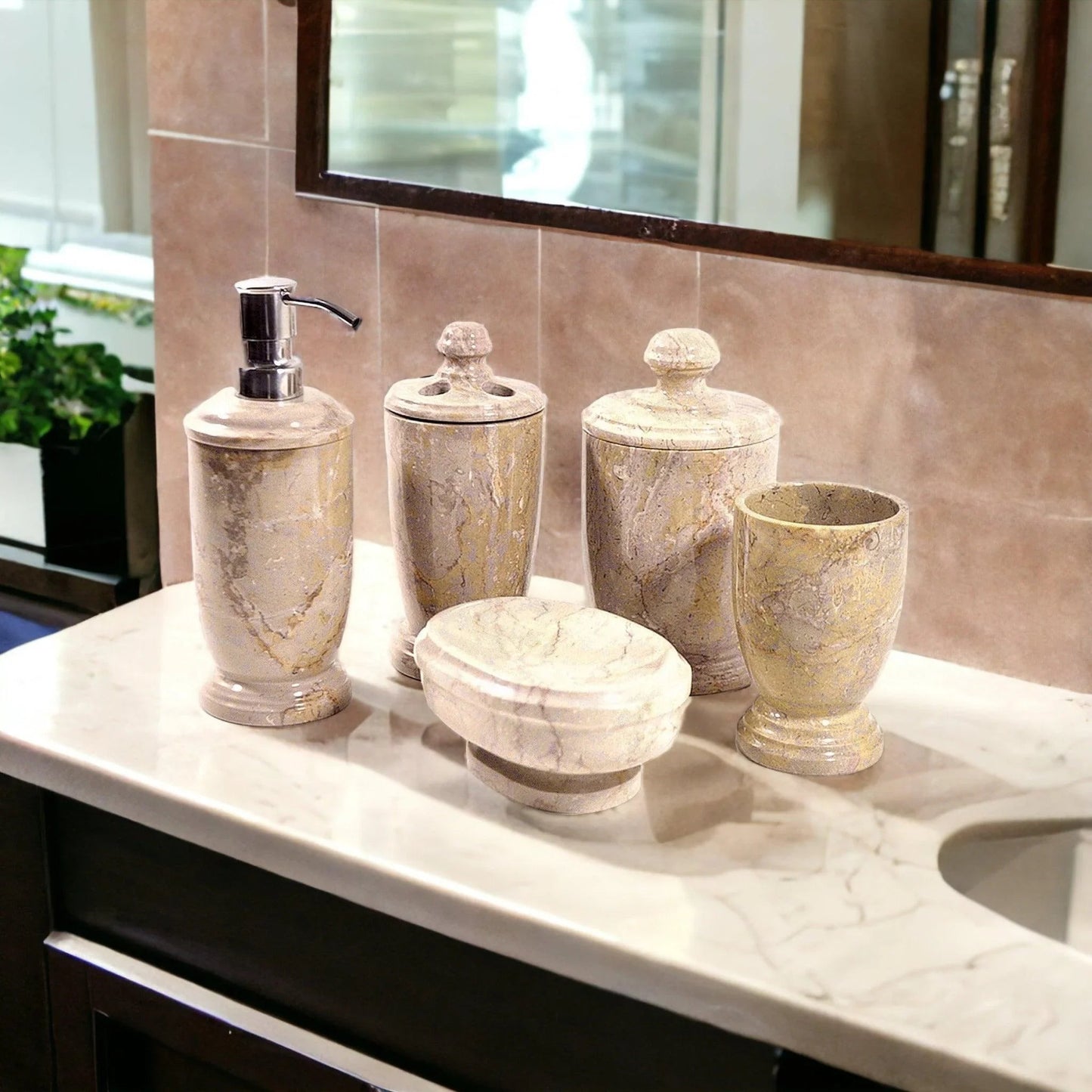 5 Piece Bathroom Set of Sahara Beige Marble - Atlantic Collection - PoshaBella