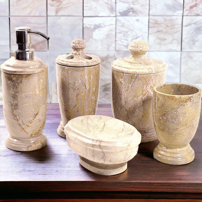 5 Piece Bathroom Set of Sahara Beige Marble - Atlantic Collection - PoshaBella