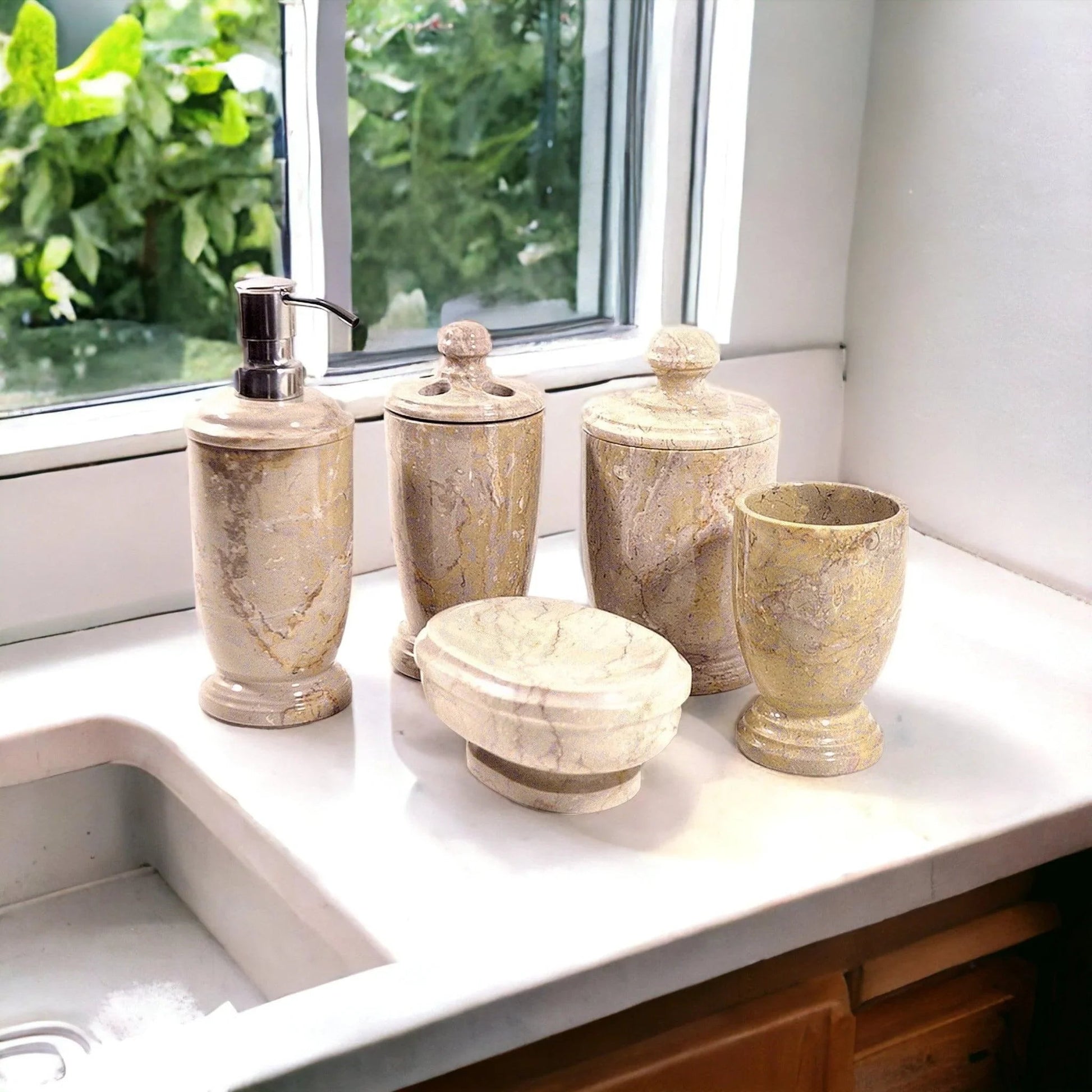 5 Piece Bathroom Set of Sahara Beige Marble - Atlantic Collection - PoshaBella
