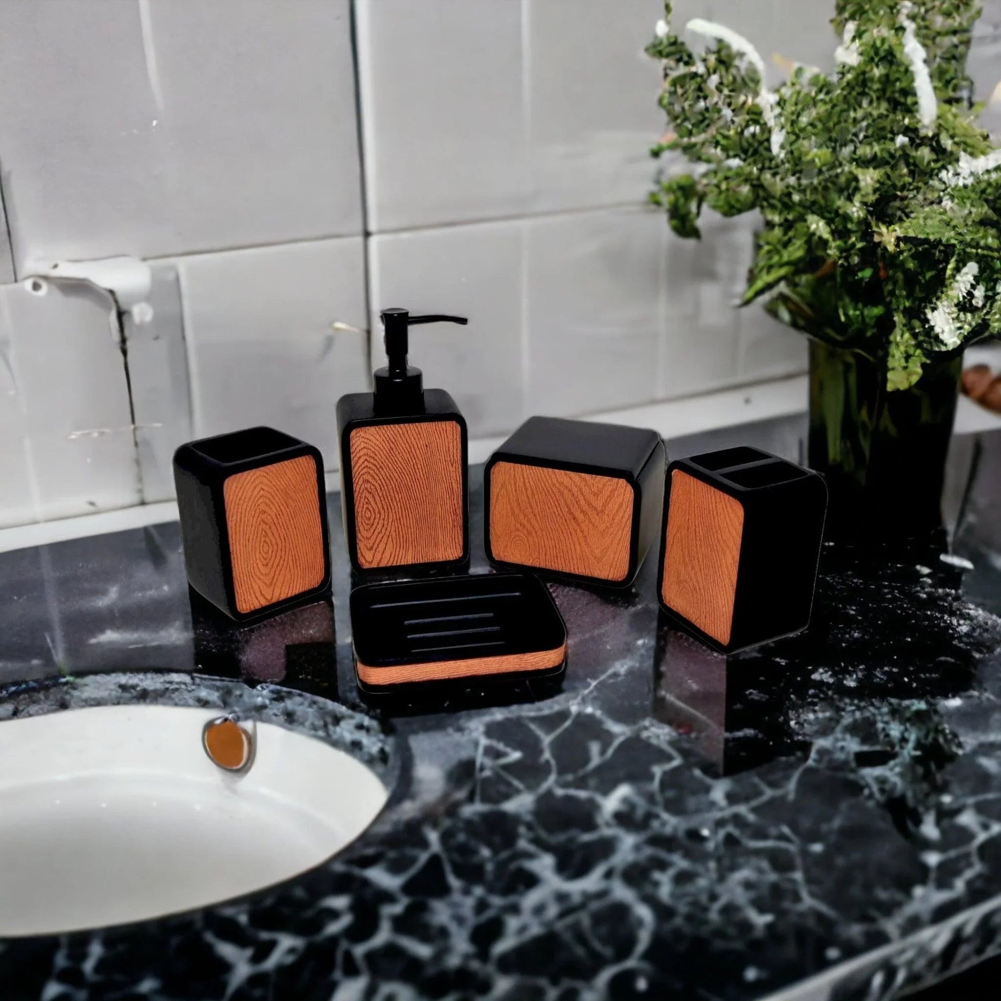 5-Piece Bathroom Set of Wood Finish - PoshaBella