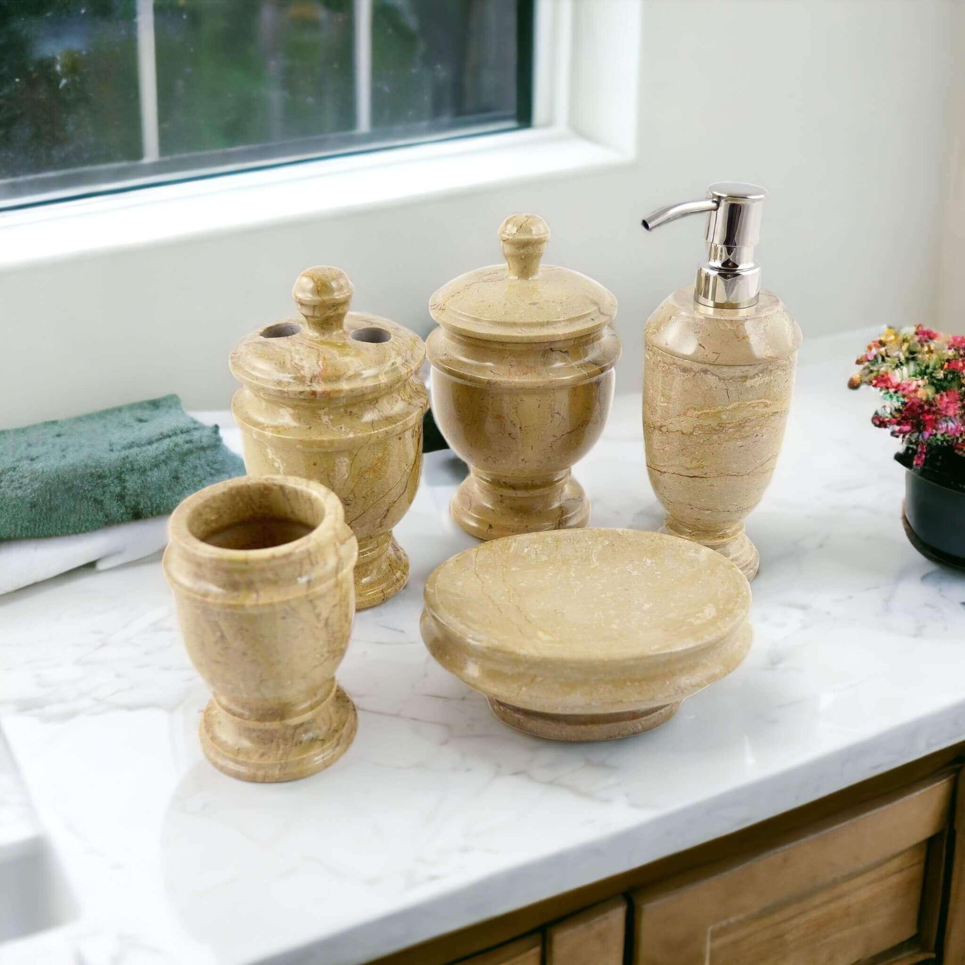 5 Piece Bathroom Set | Beige Marble - PoshaBella