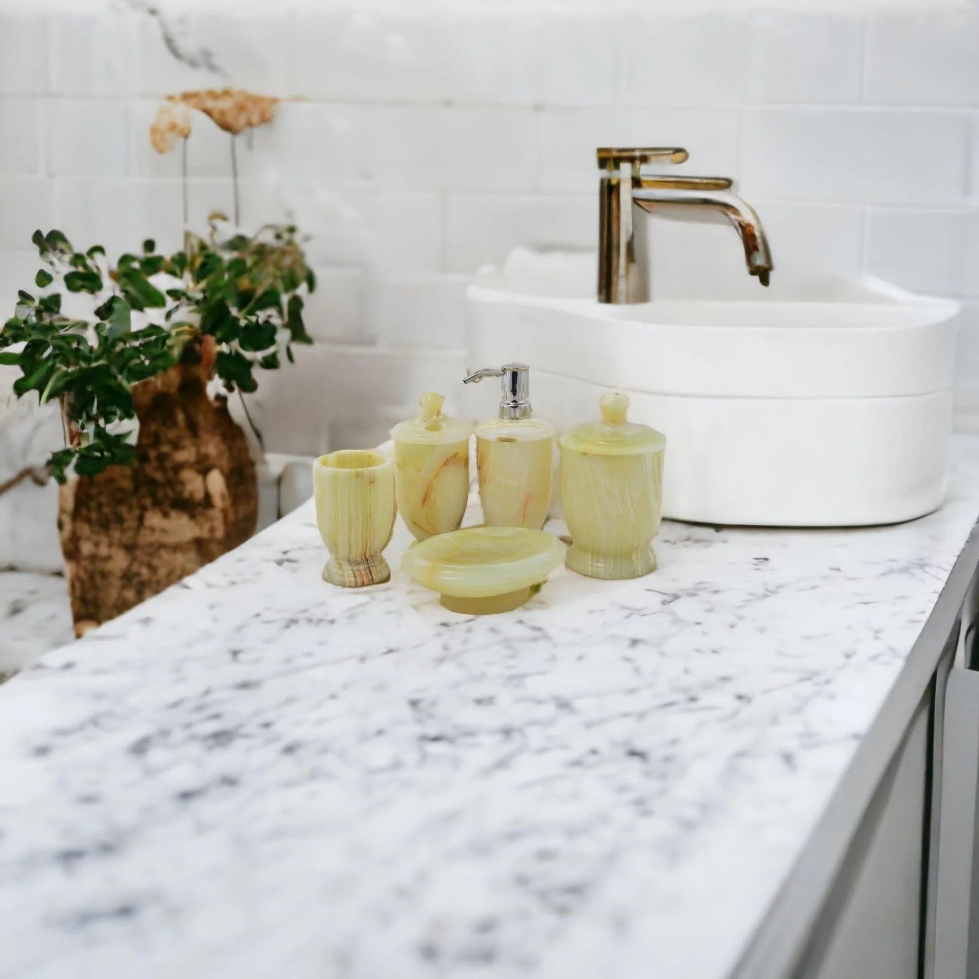 5-Piece Onyx Bath Set of Pistachio Onyx - PoshaBella