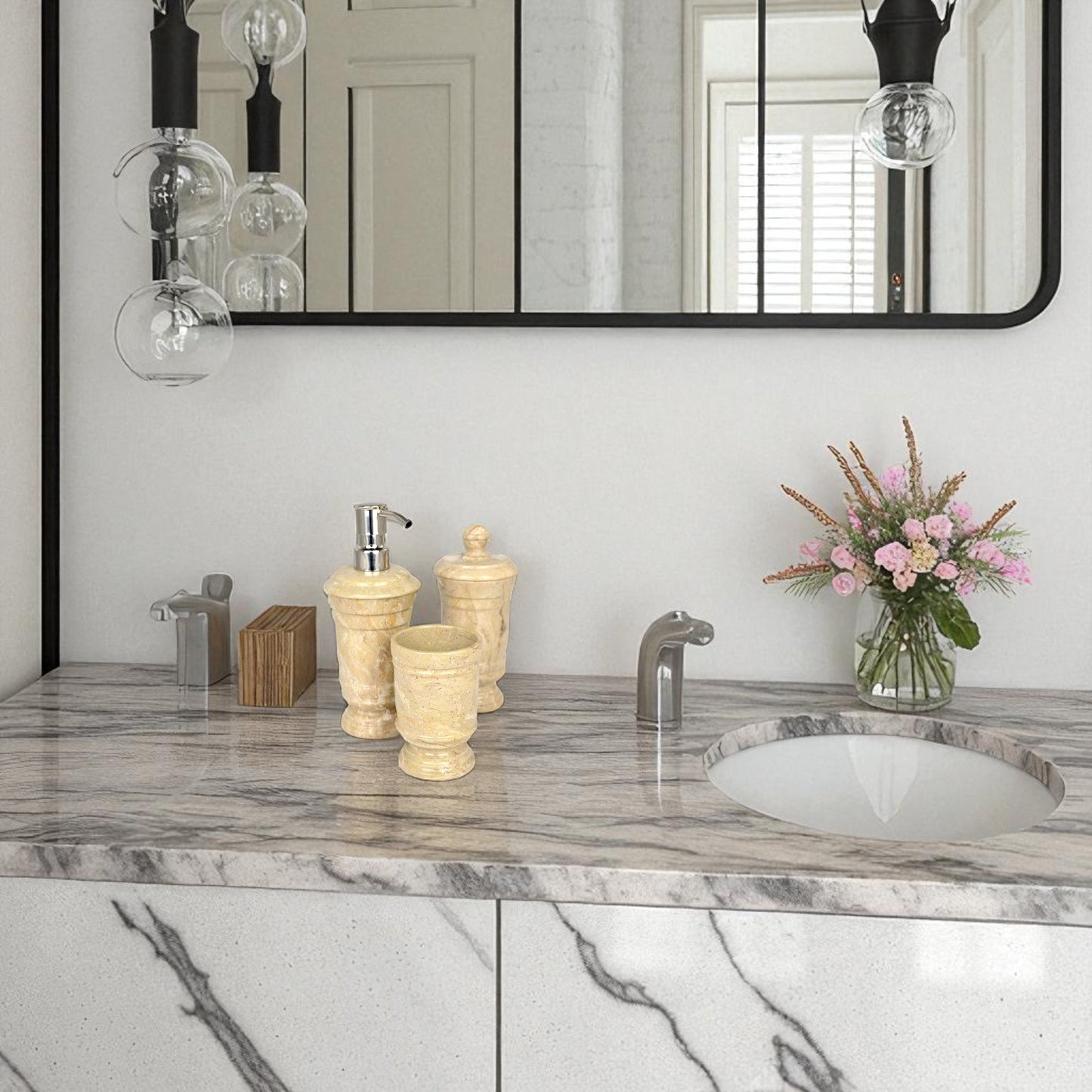 Sahara Beige Marble 3 Piece Bathroom Accessory Set - PoshaBella