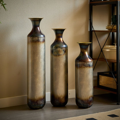Modern Droplet Shaped Floor Vase Set, Glazed Metal Decorative Vases 3 Piece Home Accent For Living Room - Gold / White