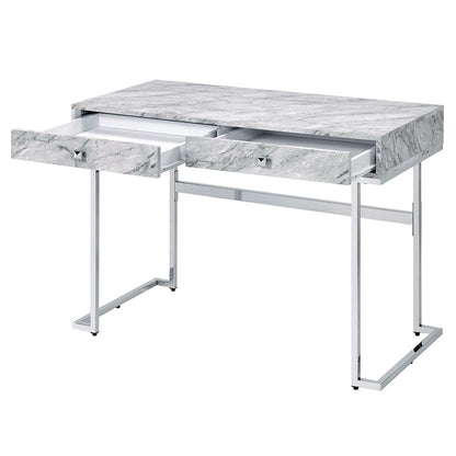 Tigress - Writing Desk - White Printed Faux Marble Top & Chrome