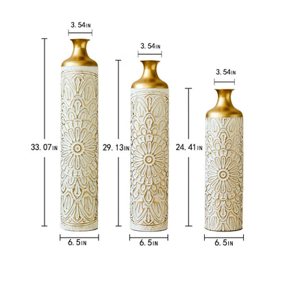 3 Piece Home Decoration Large Glazed Floor Vases - Gold / White