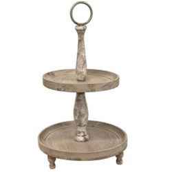 Weathered Two-Tiered Wood Display Tray with Distressed White Paint Finish