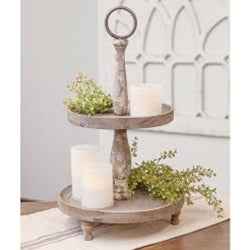 Weathered Two-Tiered Wood Display Tray with Distressed White Paint Finish