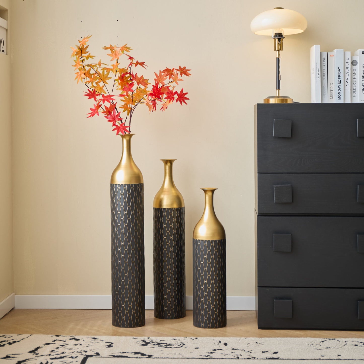 Elegant Floor Vase Set Metal Decorative Vases 3 Piece Set For Floral Display, Wedding & Gift Decor - Gold / Black