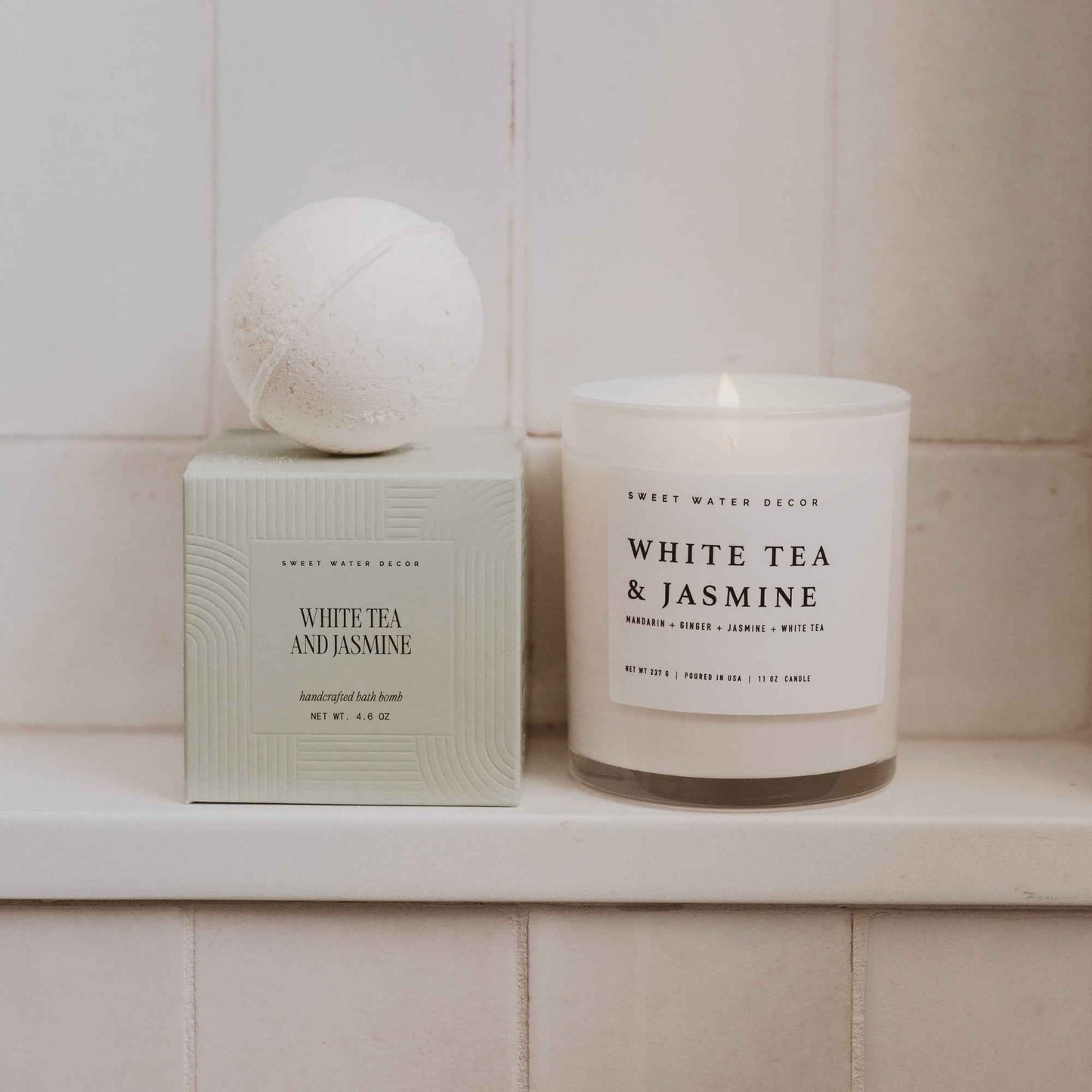 White Tea and Jasmine Soy Candle - White Jar - 11 oz
