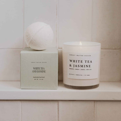 White Tea and Jasmine Soy Candle - White Jar - 11 oz