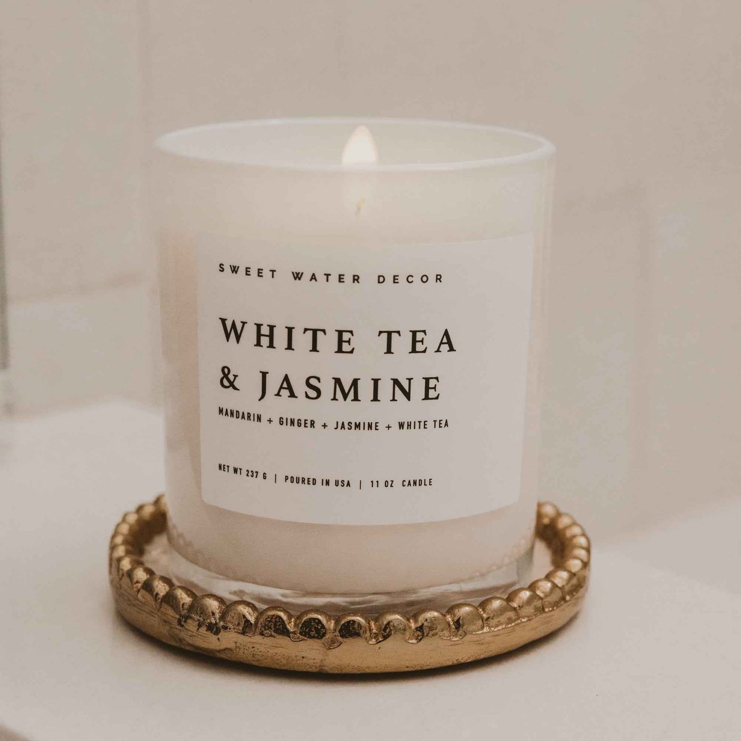 White Tea and Jasmine Soy Candle - White Jar - 11 oz