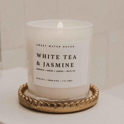 White Tea and Jasmine Soy Candle - White Jar - 11 oz
