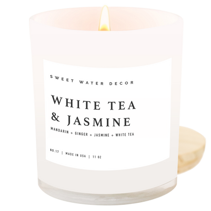 White Tea and Jasmine Soy Candle - White Jar - 11 oz