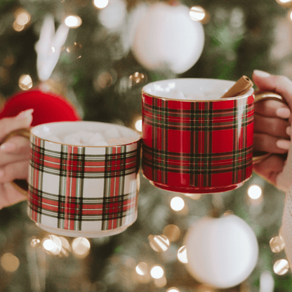 Red Plaid 14 oz Gold Handle Coffee Mug
