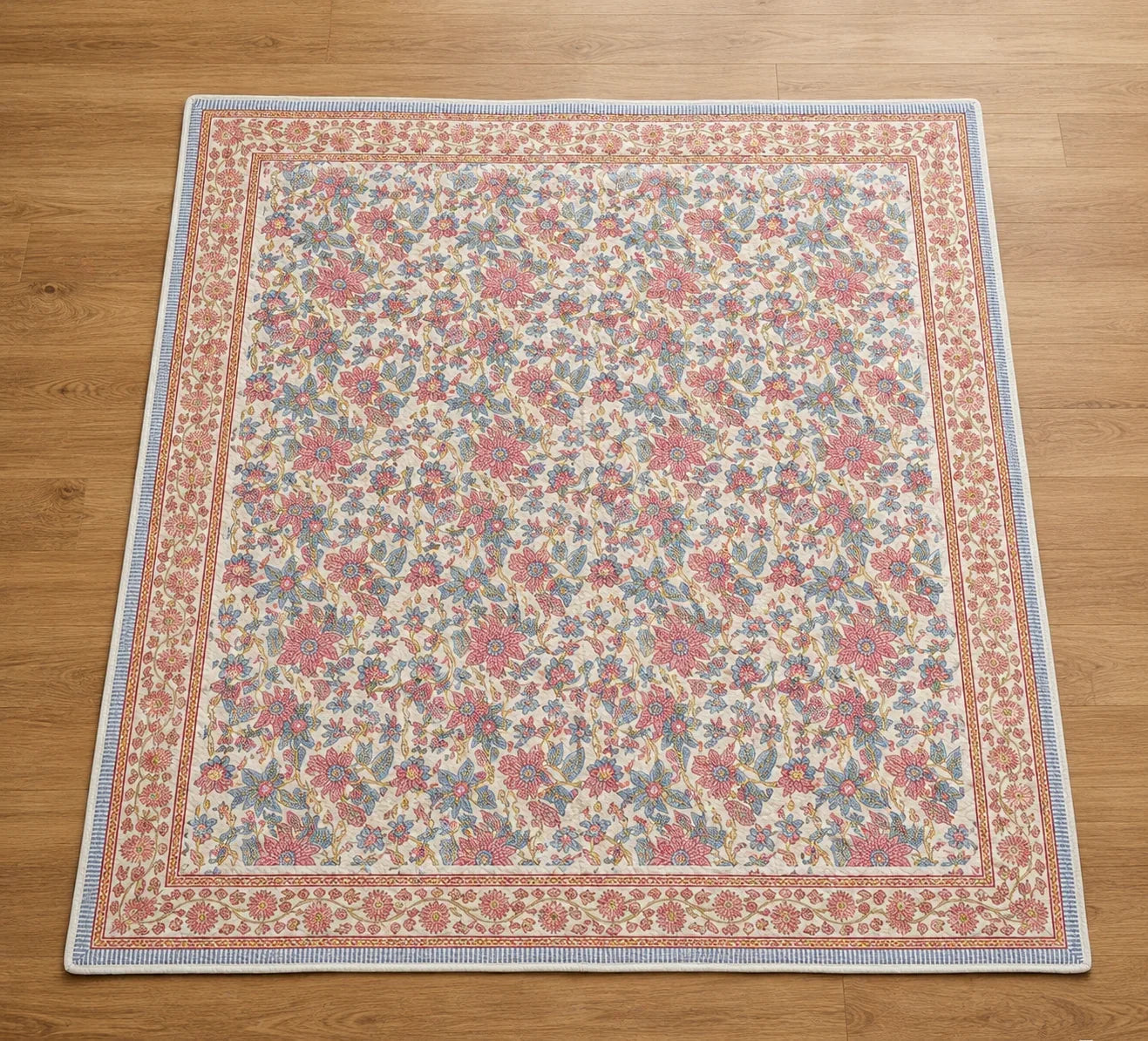 Cream & Rose Pink Dusty Blue Floral Jaipur Indian Hand Block Print Quilted Comforter