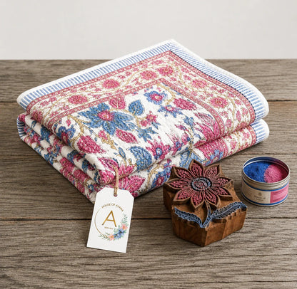 Cream & Rose Pink Dusty Blue Floral Jaipur Indian Hand Block Print Quilted Comforter