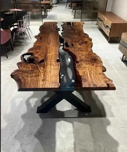 Live Edge, Epoxy Resin River Dining Room Table Made Of Chestnut Wood