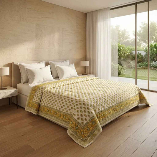 Cream & Mustard Yellow Floral Jaipur Indian Hand Block Print Quilted Comforter