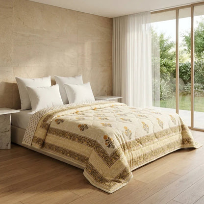 Light Grey & Charcoal Floral Jaipur Indian Hand Block Print Quilted Comforter
