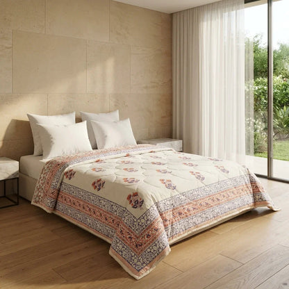 Lavender Grey & Cream Floral Jaipur Indian Hand Block Print Quilted Comforter