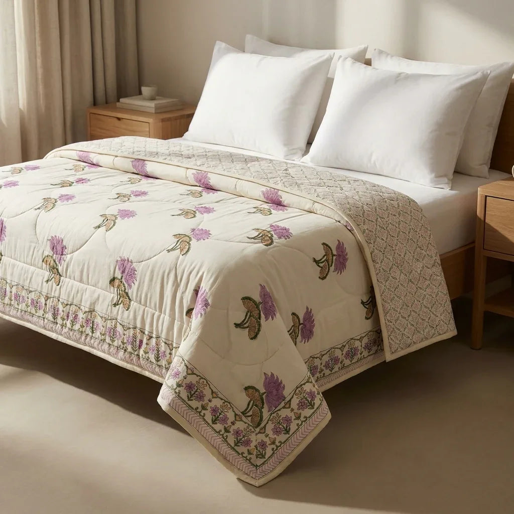 Cream & Mauve Floral Jaipur Indian Hand Block Print Quilted Comforter