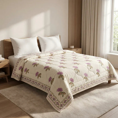 Cream & Mauve Floral Jaipur Indian Hand Block Print Quilted Comforter