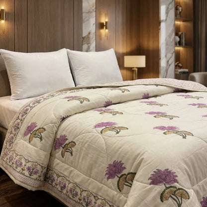 Cream & Mauve Floral Jaipur Indian Hand Block Print Quilted Comforter
